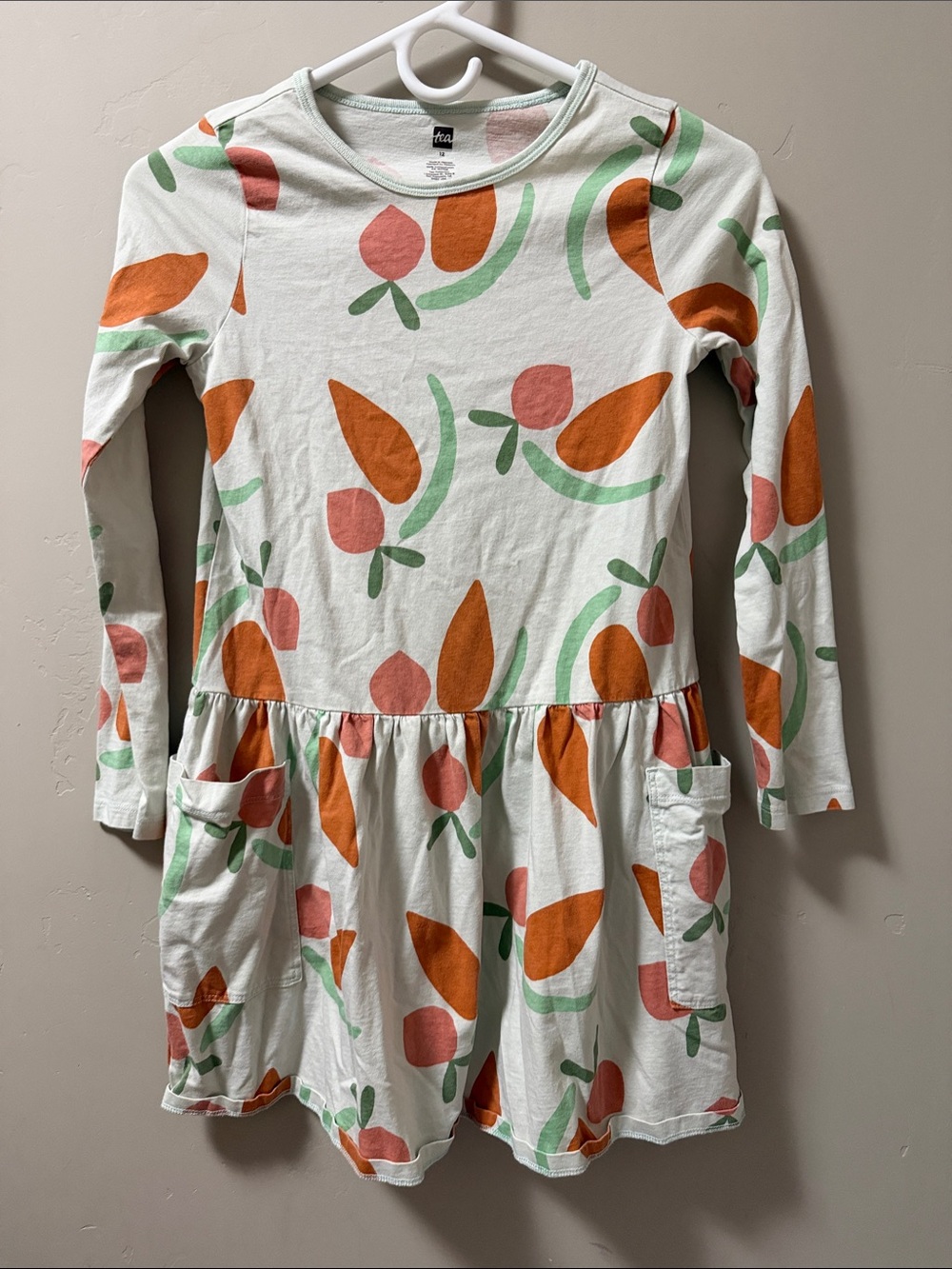 Tea Collection White Long Sleeve Dress with Orange, Pink & Green Print